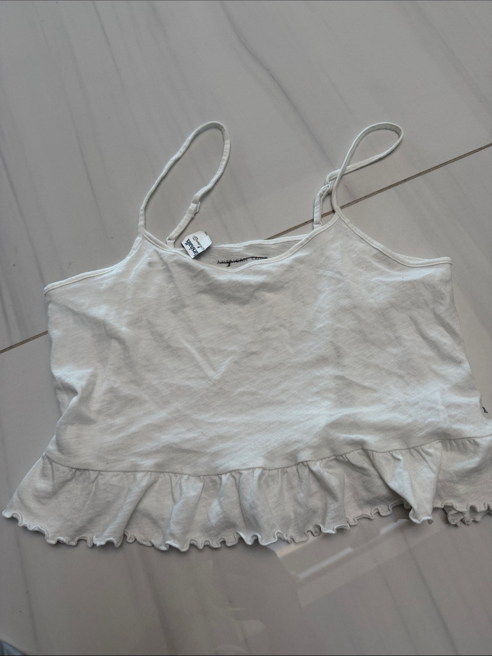 American Eagle Outfitters White Spaghetti Strap cotton Crop Top with ruffles